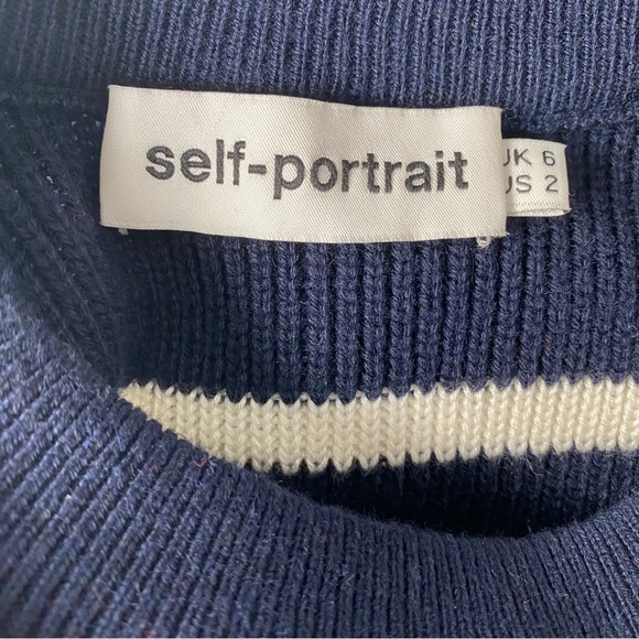 Self-Portrait Navy Blue Frill Cut-Out Shoulder Wool Sweater - S - Picture 10 of 13